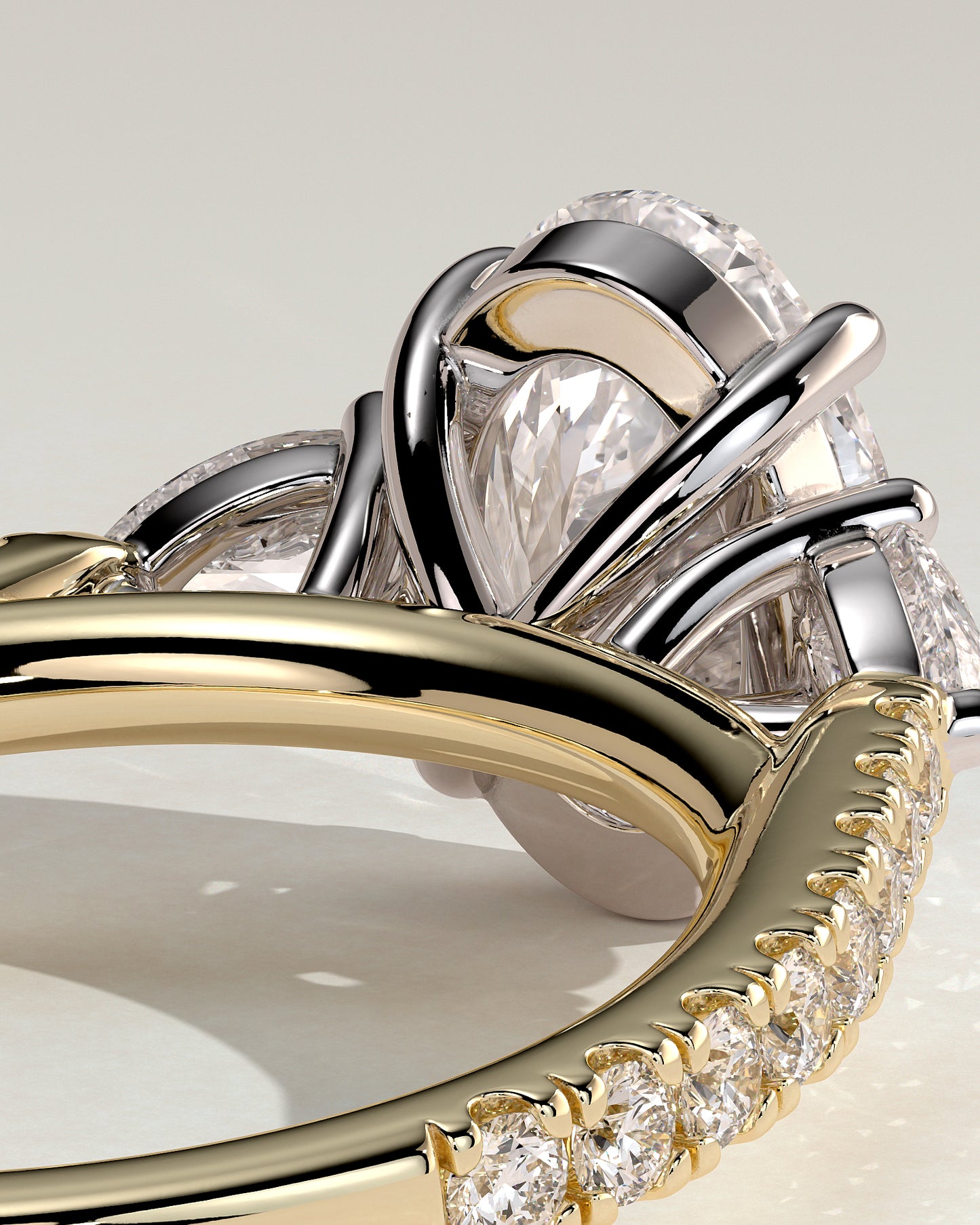 Arabella - Oval Claw Trilogy with Pear Side Stones and Pave Band Engagement Ring - Yellow Two-Tone - Yellow Two-Tone 2ct