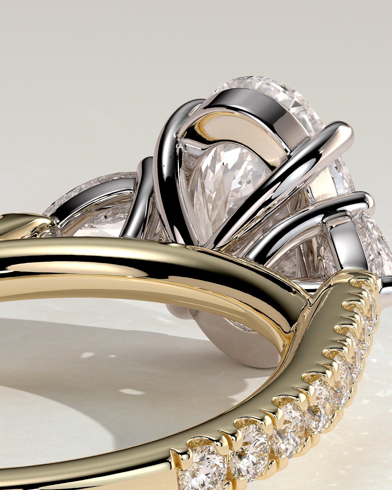 Arabella - Oval Claw Trilogy with Pear Side Stones and Pave Band Engagement Ring - Yellow Two-Tone - Yellow Two-Tone 2ct