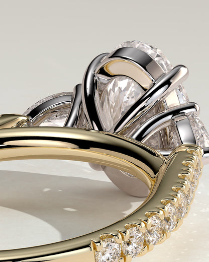 Arabella - Oval Claw Trilogy with Pear Side Stones and Pave Band Engagement Ring - Yellow Two-Tone - yellow two-tone - Lara Jewels
