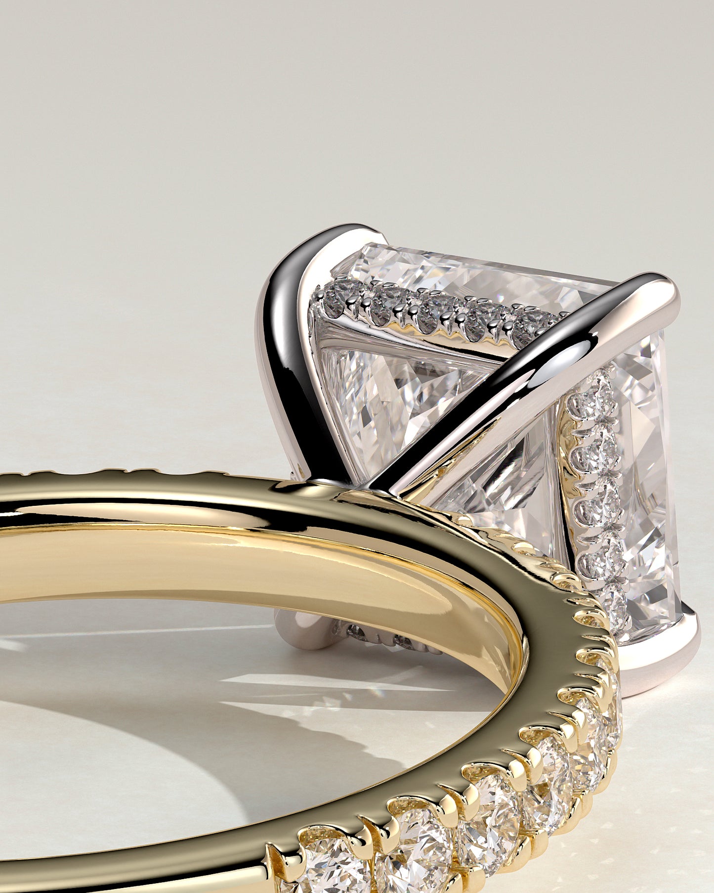 Annie - Princess Claw Solitaire with Hidden Halo and Pave Band Engagement Ring - Yellow Two-Tone - Yellow Two-Tone 2ct