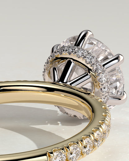 Amanda - Round Claw Solitaire with Wrap Around Hidden Halo and Pave Band Engagement Ring - Yellow Two-Tone - yellow two-tone - Lara Jewels