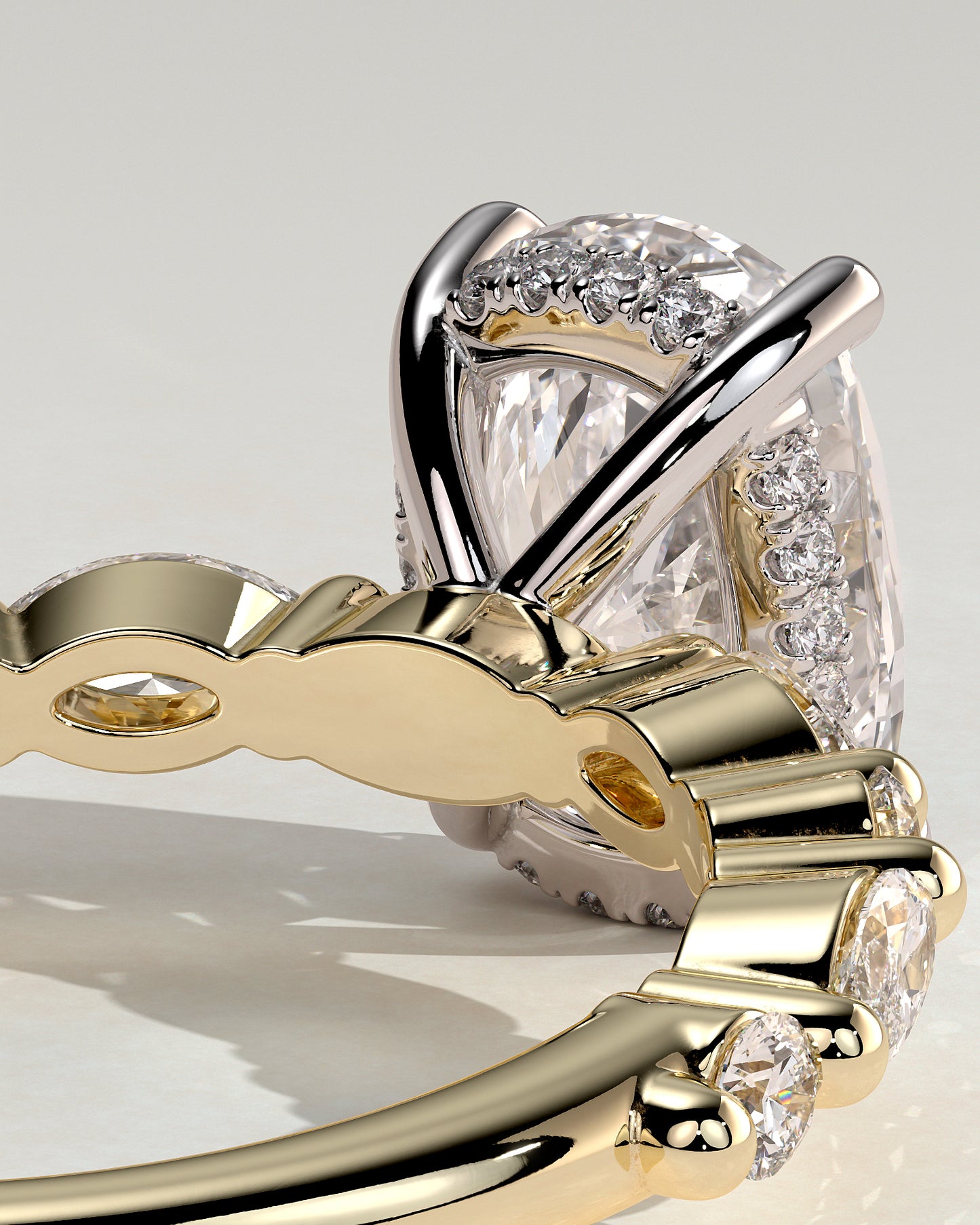 Cali - Elongated Cushion Claw Solitaire with Marquise-Round Accent Stones and Hidden Halo Engagement Ring - Yellow Two-Tone - Yellow Two-Tone 2ct
