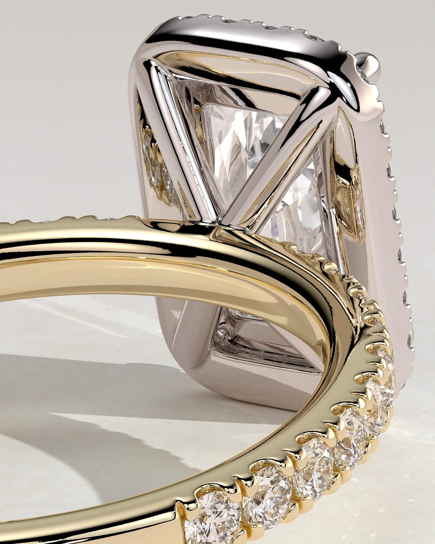 Catherine - Radiant Claw Solitaire with Halo and Pave Band Engagement Ring - Yellow Two-Tone - Yellow Two-Tone 2ct