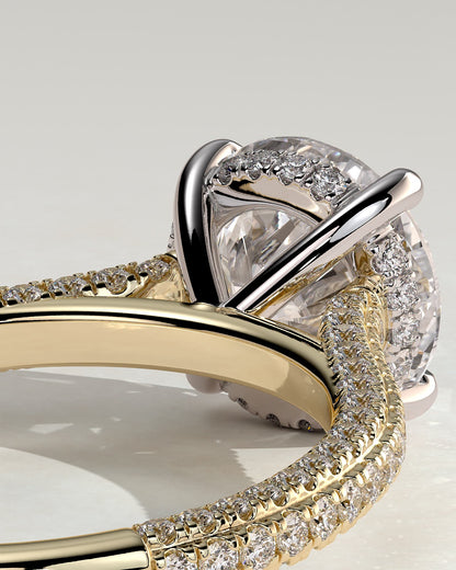Chelsea - Round Claw Solitaire with Hidden Halo, Triple Pave Band and Cathedral High Setting Engagement Ring - Yellow Two-Tone