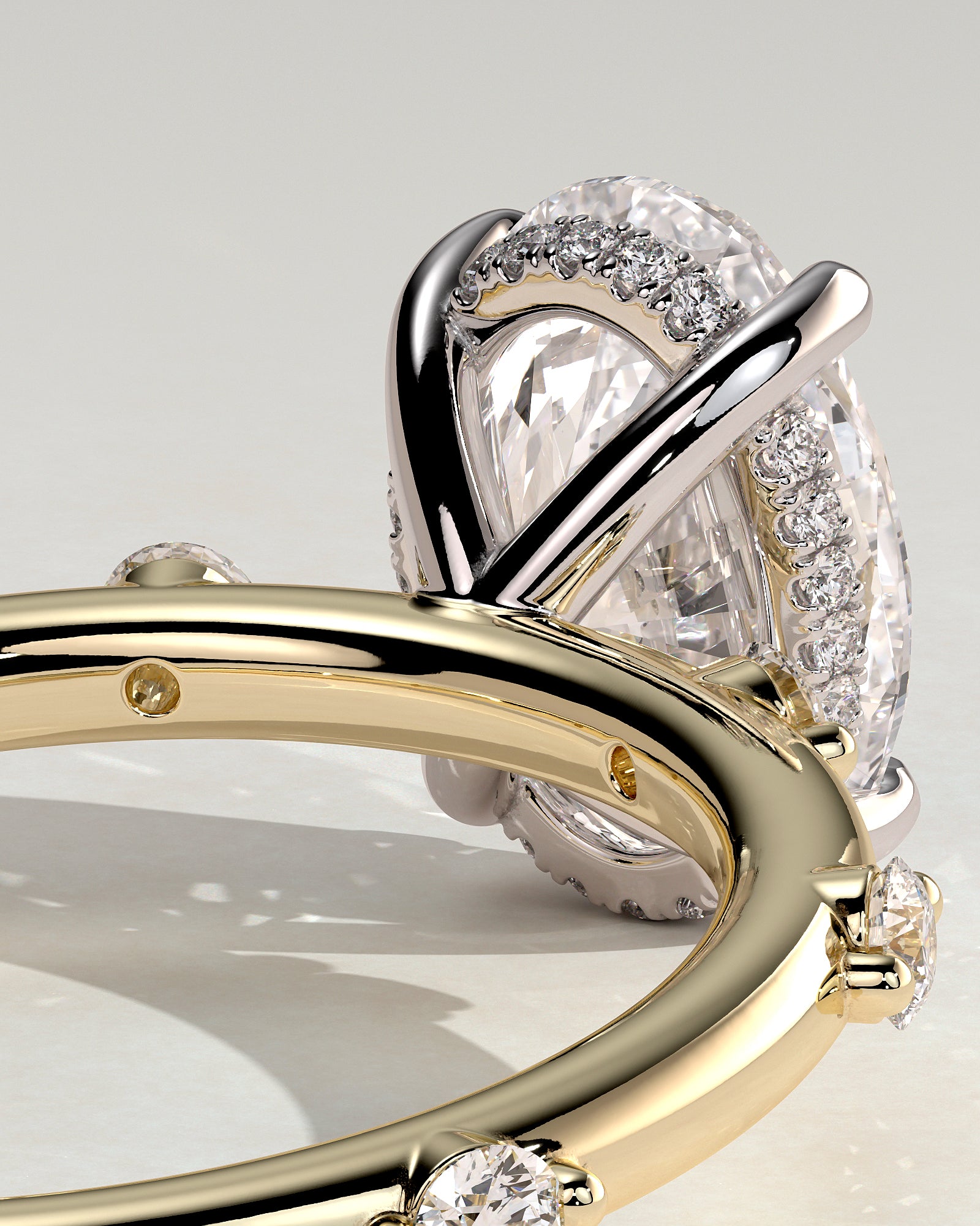 Elise - Oval Claw Solitaire with 6 Spaced Round Accent Stones and Hidden Halo Engagement Ring - Yellow Two-Tone - Yellow Two-Tone 2ct