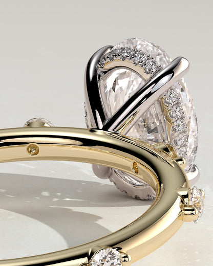 Elise - Oval Claw Solitaire with 6 Spaced Round Accent Stones and Hidden Halo Engagement Ring - Yellow Two-Tone