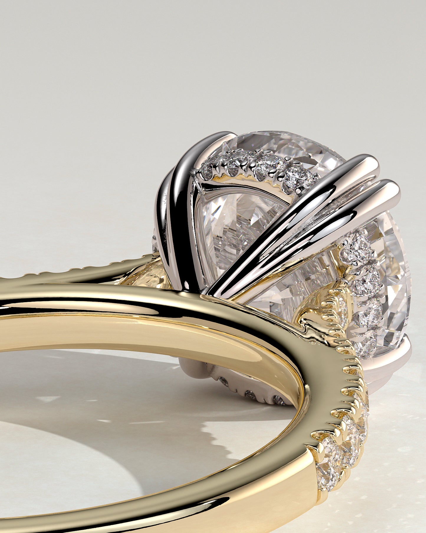 Amelia - Round Double Claw Solitaire with Hidden Halo, Tapered Pave Band and Cathedral High Setting Engagement Ring - Yellow Two-Tone - Yellow Two-Tone 2ct
