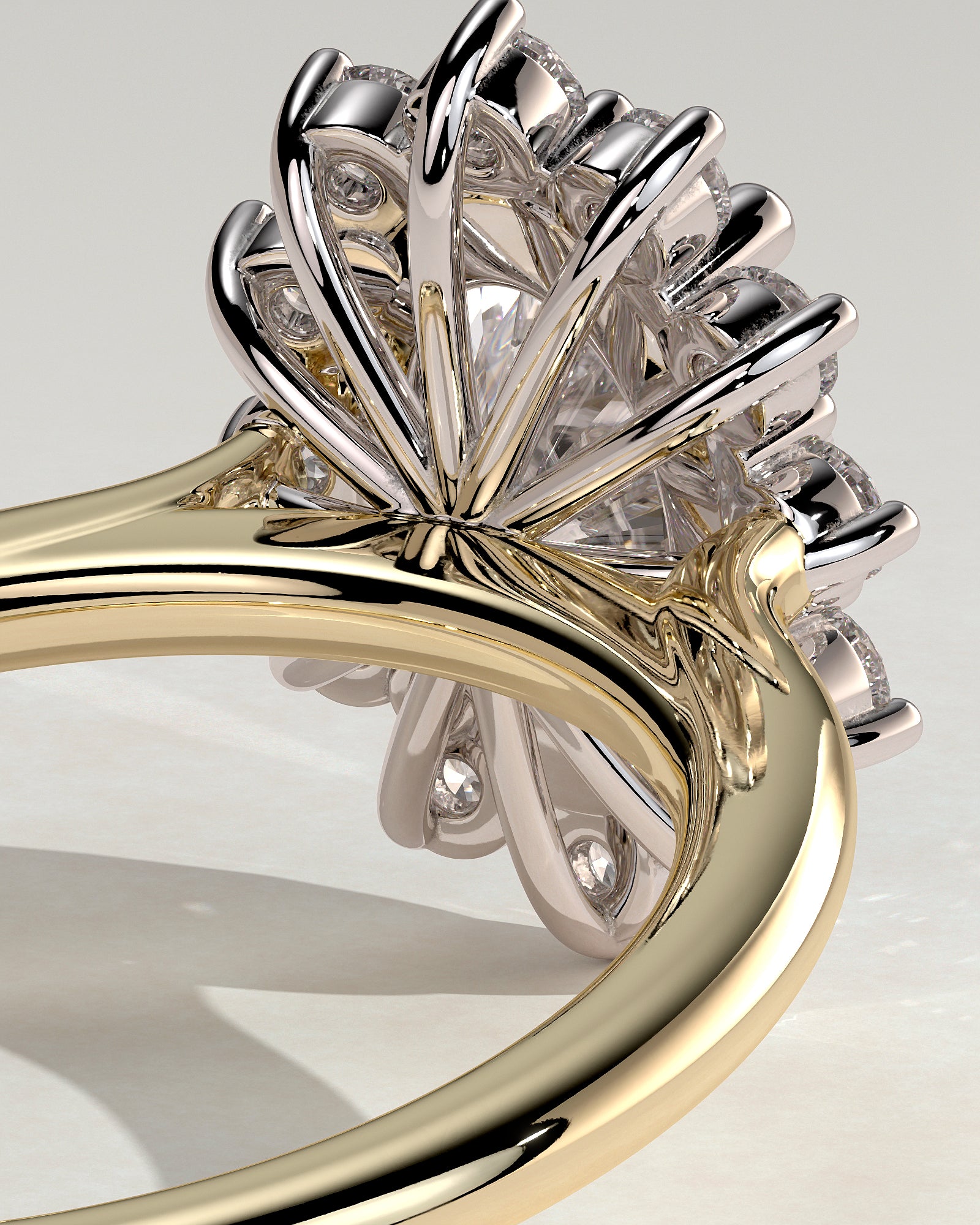 Arielle - Oval Claw Solitaire with Sunburst Halo and Cathedral High Setting Engagement Ring - Yellow Two-Tone - Yellow Two-Tone 2ct