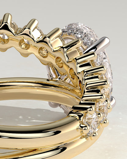 Athena - Oval Claw Solitaire with Double Plain-and-Round-Accent Stones Band Engagement Ring - Yellow Two-Tone