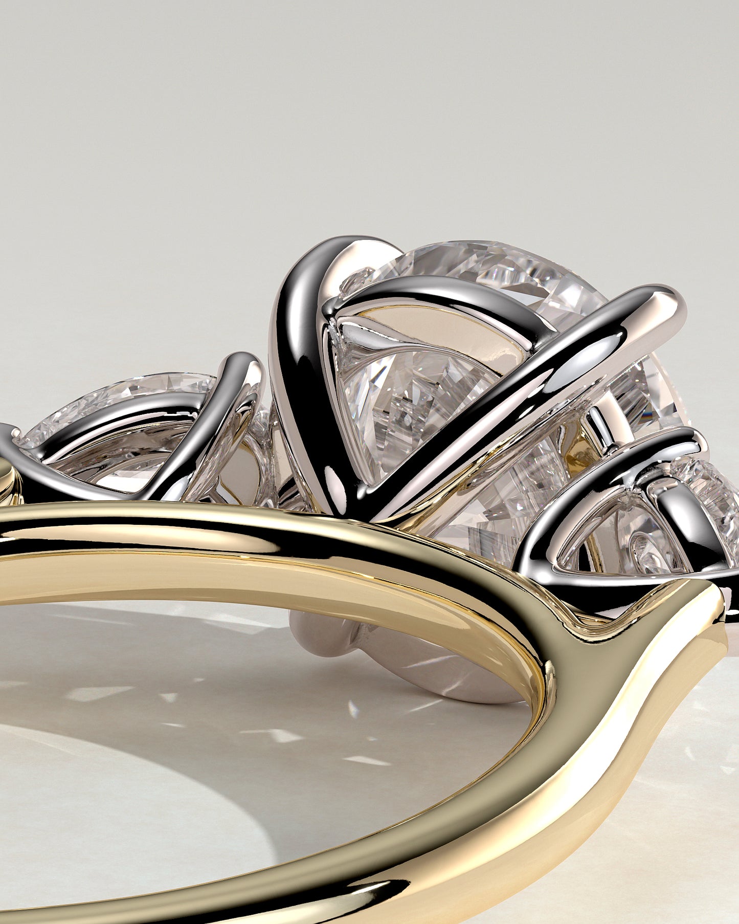 Arya - Round Claw Trilogy with Pear Side Stones and Cathedral Setting Engagement Ring - Yellow Two-Tone - Yellow Two-Tone 2ct