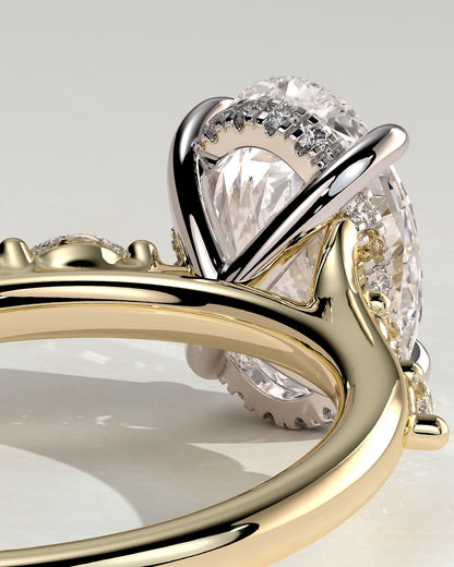 Jamie - Oval Claw Solitaire with Hidden Halo, Opposing Marquise Accents and Cathedral High Setting Engagement Ring - Yellow Two-Tone