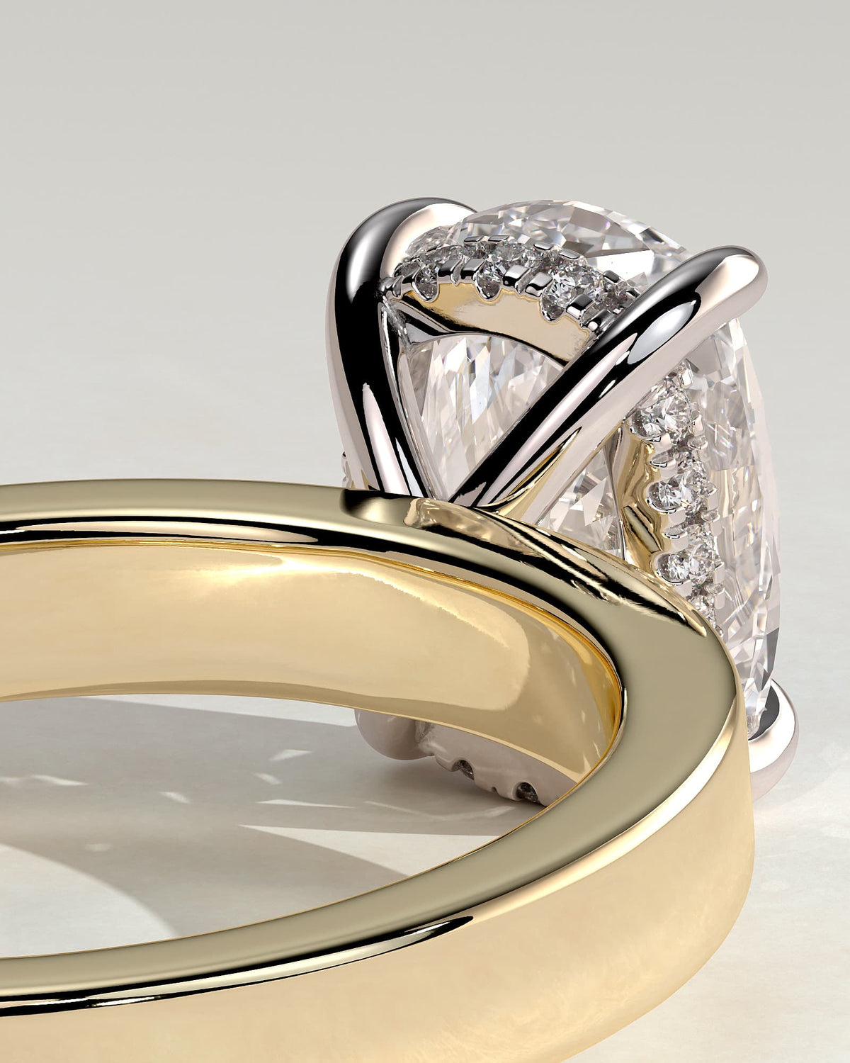 Kai - Elongated Cushion Claw Solitaire with Flat Cigar Band and Hidden Halo Engagement Ring - Yellow Two-Tone