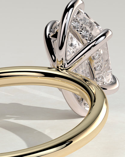Delta - Elongated Hexagon Claw Solitaire with Hidden Halo Engagement Ring - Yellow Two-Tone