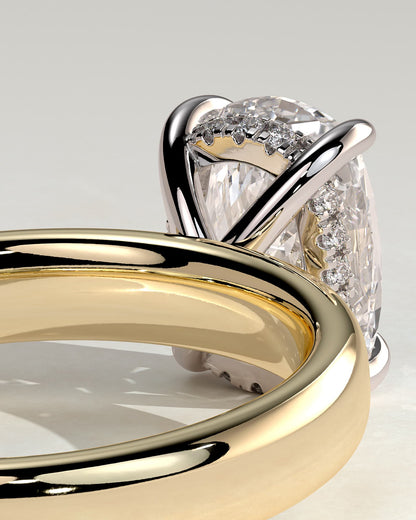 Cora - Elongated Cushion Claw Solitaire with Cigar Band and Hidden Halo Engagement Ring - Yellow Two-Tone