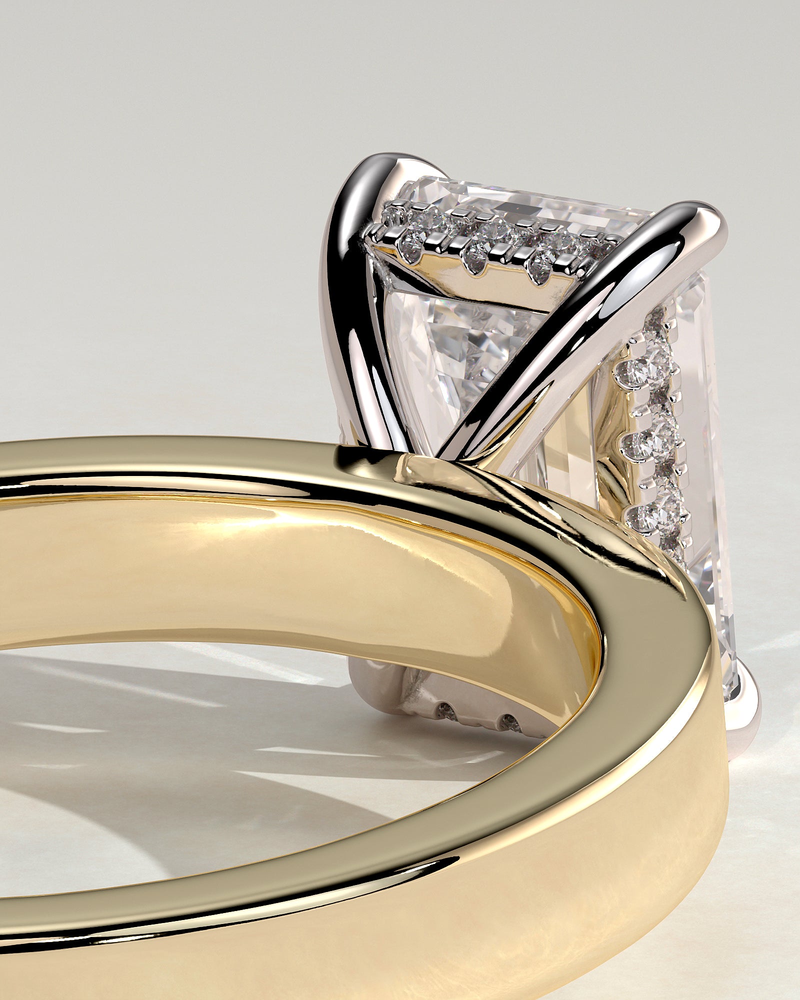 Carmella - Emerald Claw Solitaire with Flat Cigar Band and Hidden Halo Engagement Ring - Yellow Two-Tone - Yellow Two-Tone 2ct