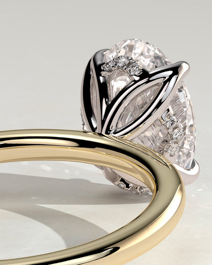Ivy - Oval Claw Solitaire with Petal Gallery and Accented Tiara Detail Engagement Ring - Yellow Two-Tone