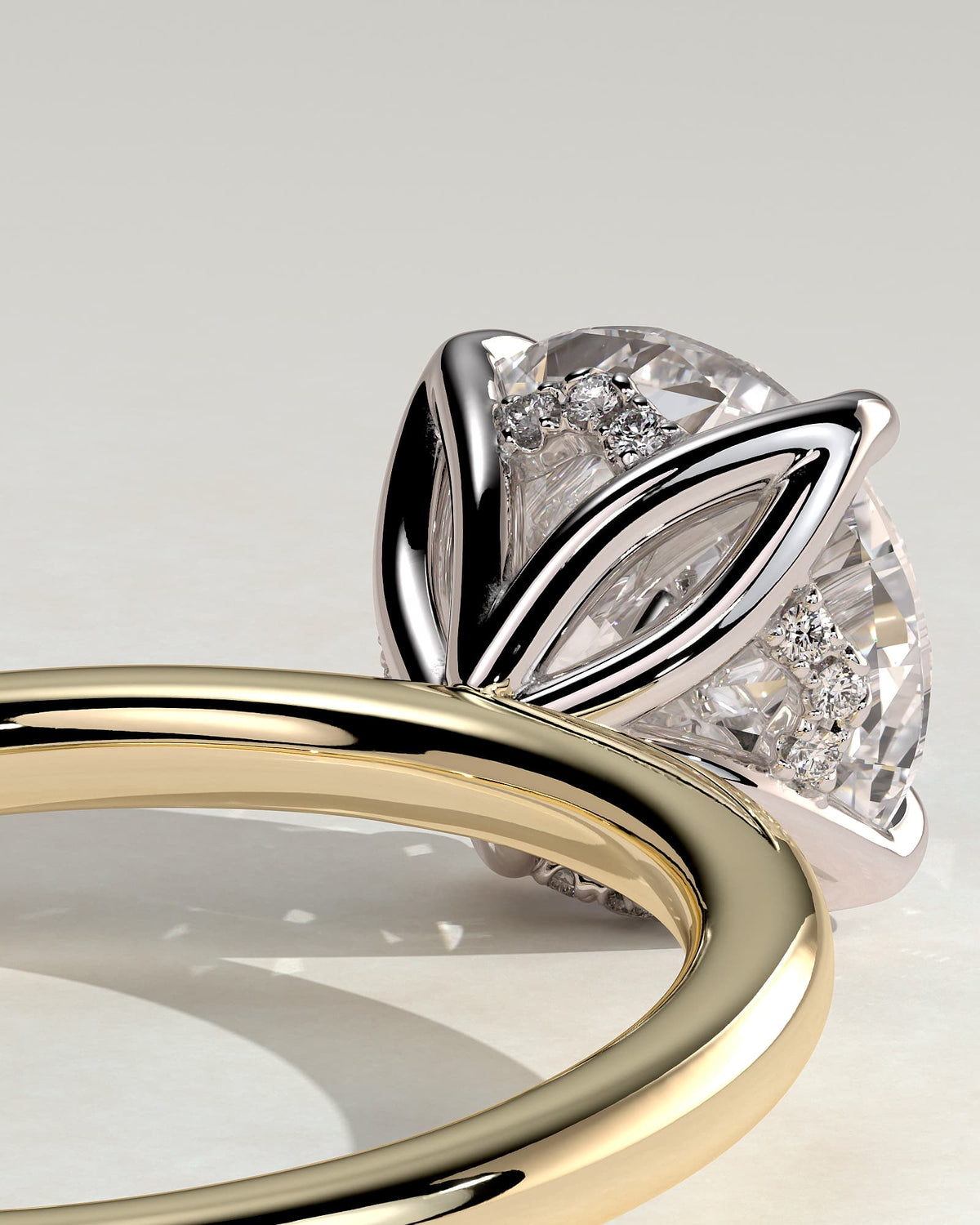 Dahlia - Round Claw Solitaire with Petal Gallery and Accented Tiara Detail Engagement Ring - Yellow Two-Tone