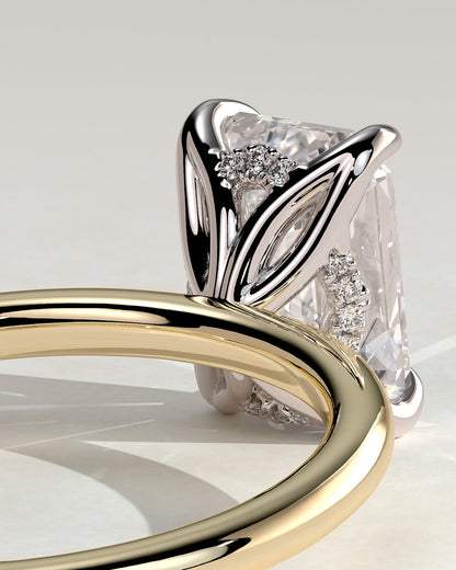 Freesia - Emerald Claw Solitaire with Petal Gallery and Accented Tiara Detail Engagement Ring - Yellow Two-Tone