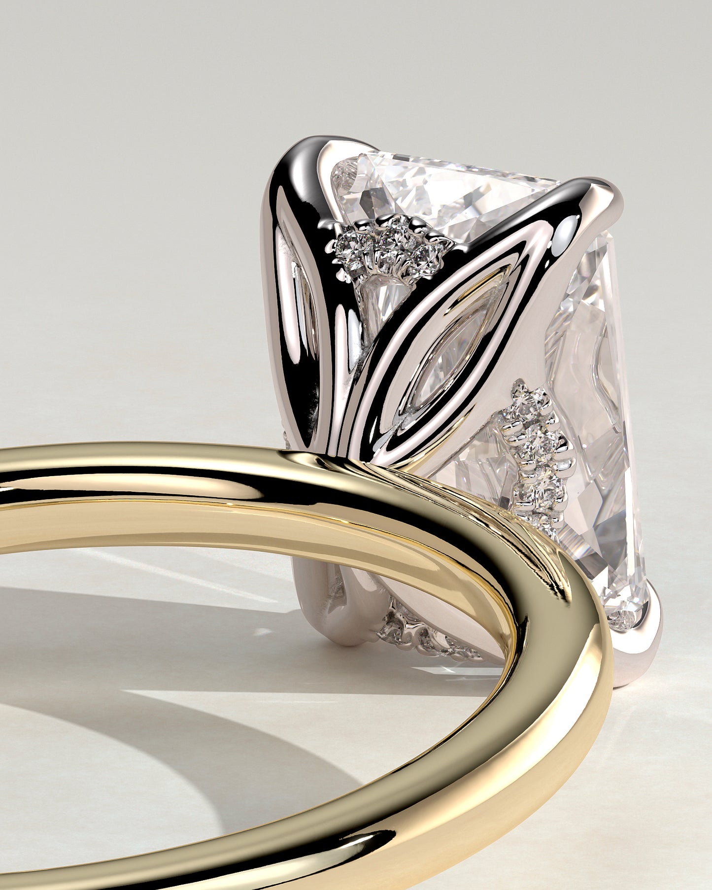 Aster - Radiant Claw Solitaire with Petal Gallery and Accented Tiara Detail Engagement Ring - Yellow Two-Tone - Yellow Two-Tone 2ct