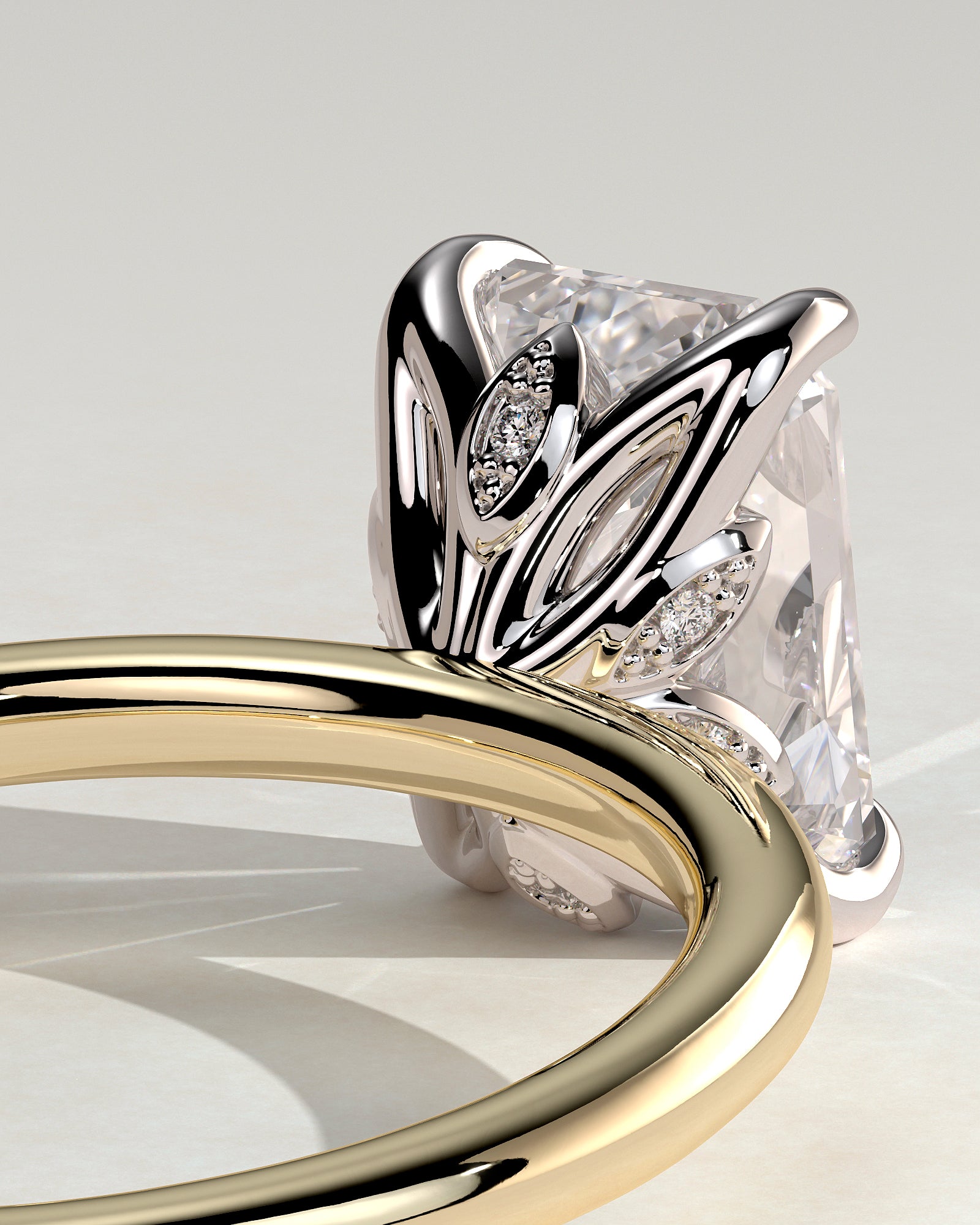 Dove - Emerald Claw Solitaire with Petal Gallery and Accent Leaf Detail Engagement Ring - Yellow Two-Tone - Yellow Two-Tone 2ct