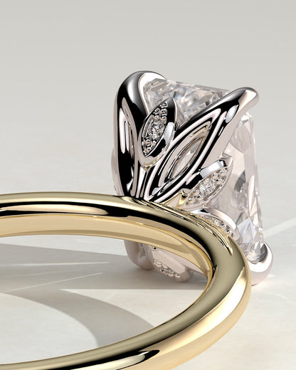 Dove - Emerald Claw Solitaire with Petal Gallery and Accent Leaf Detail Engagement Ring - Yellow Two-Tone