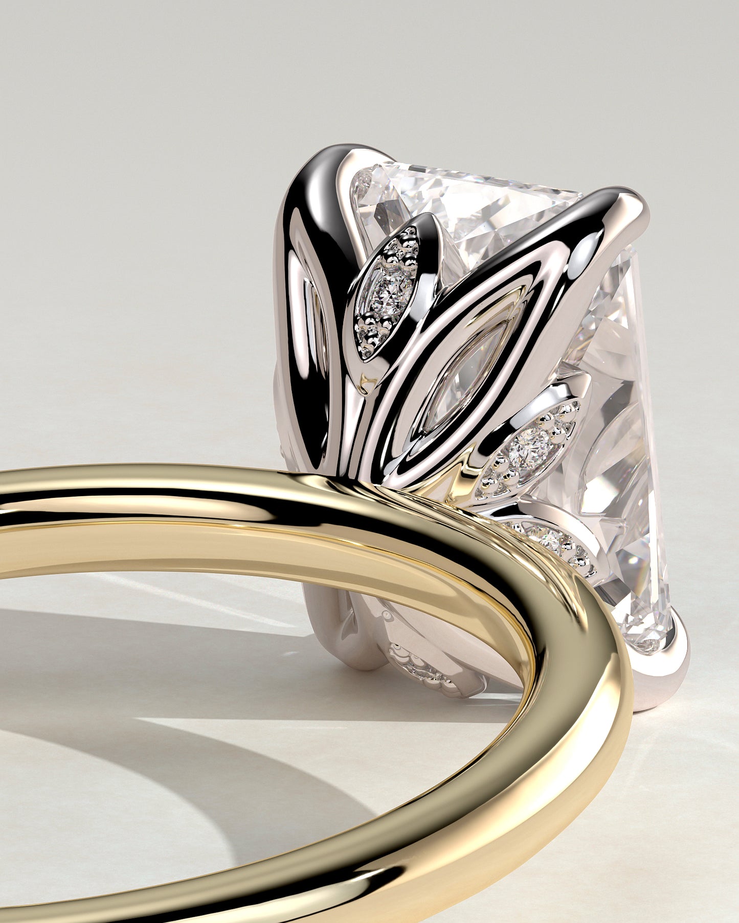 Evie - Radiant Claw Solitaire with Petal Gallery and Accent Leaf Detail Engagement Ring - Yellow Two-Tone - Yellow Two-Tone 2ct