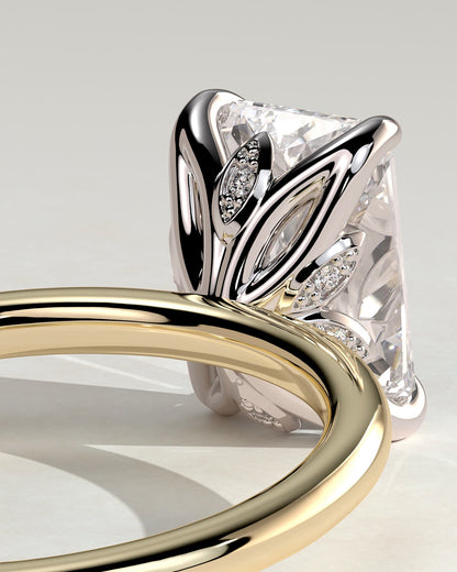 Evie - Radiant Claw Solitaire with Petal Gallery and Accent Leaf Detail Engagement Ring - Yellow Two-Tone