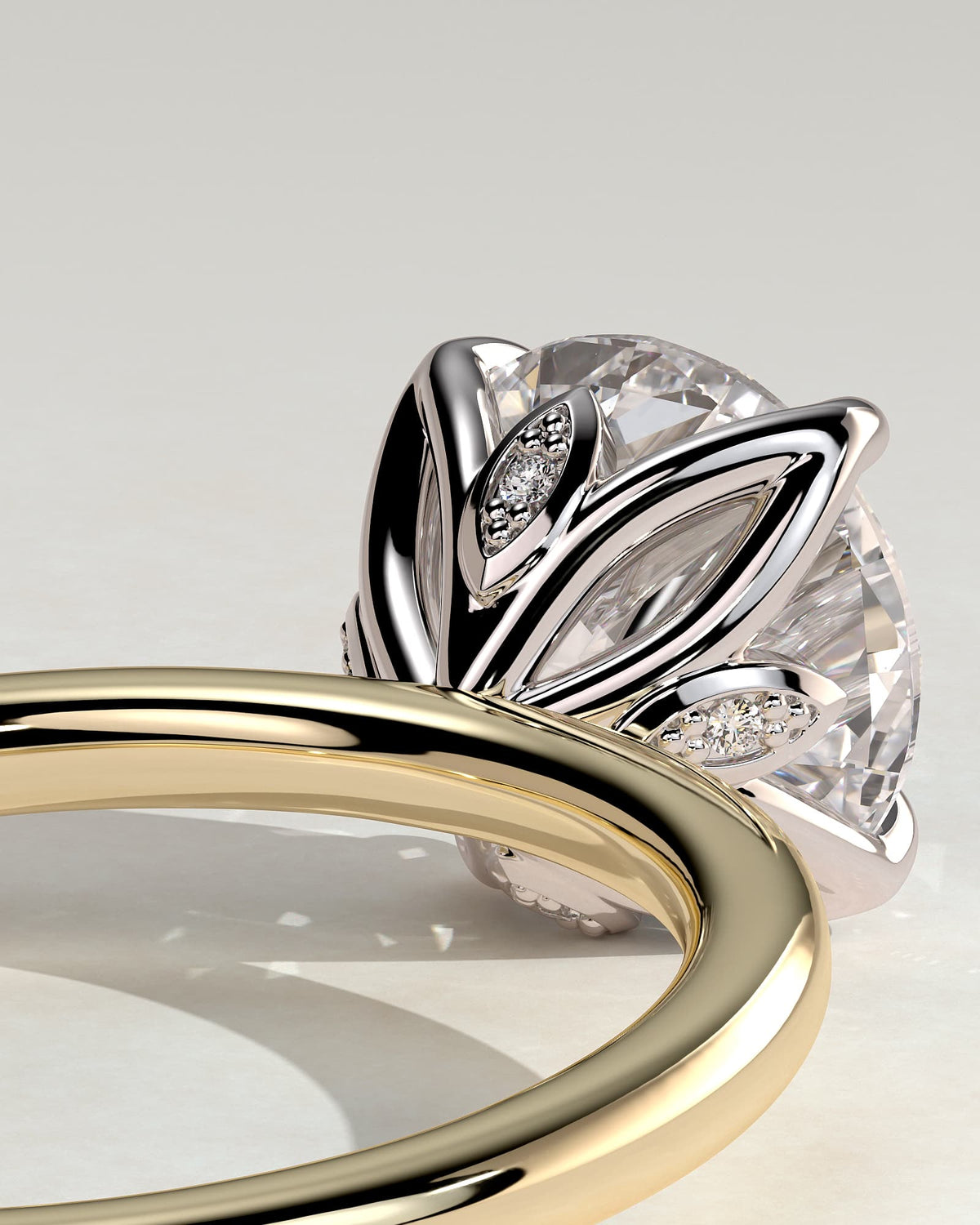 Joy - Round Claw Solitaire with Petal Gallery and Accent Leaf Detail Engagement Ring - Yellow Two-Tone
