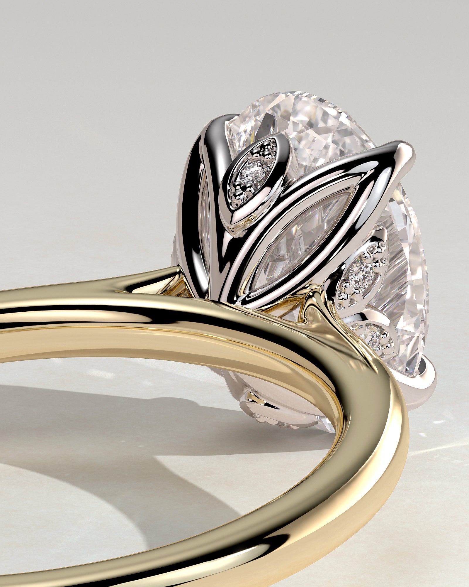 Erica - Oval Claw Solitaire with Petal Gallery, Accent Leaf Detail and Cathedral Setting Engagement Ring - Yellow Two-Tone - Yellow Two-Tone 2ct