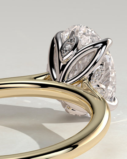 Erica - Oval Claw Solitaire with Petal Gallery, Accent Leaf Detail and Cathedral Setting Engagement Ring - Yellow Two-Tone
