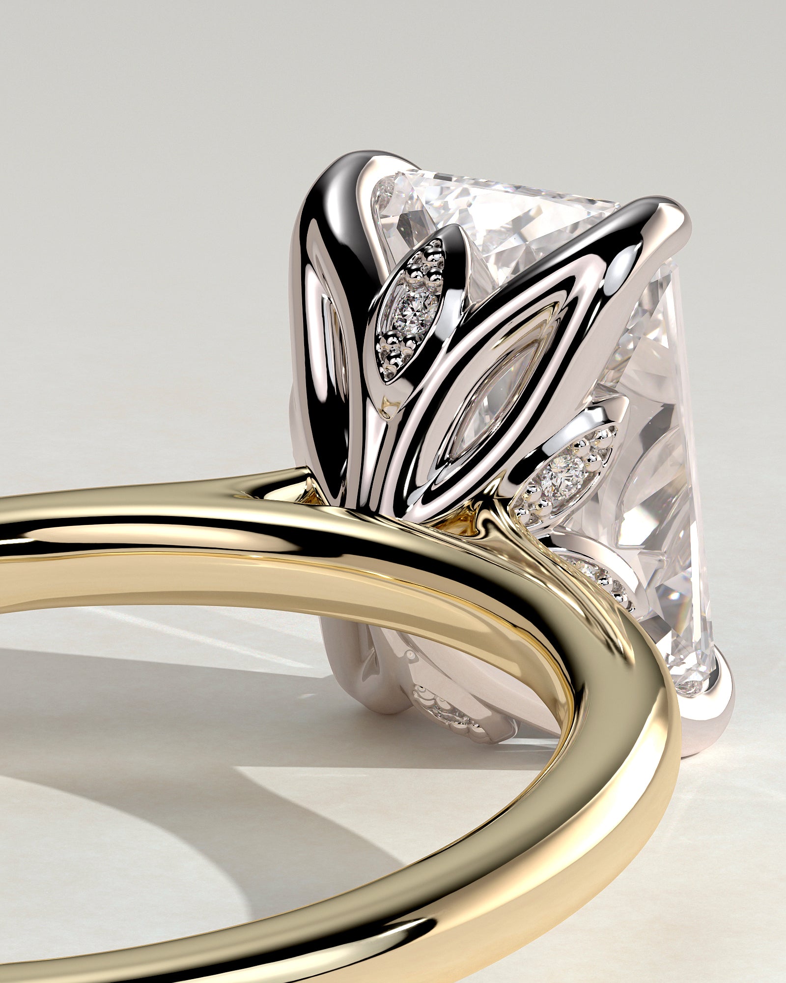 Harriet - Radiant Claw Solitaire with Petal Gallery, Accent Leaf Detail and Cathedral Setting Engagement Ring - Yellow Two-Tone - Yellow Two-Tone 2ct