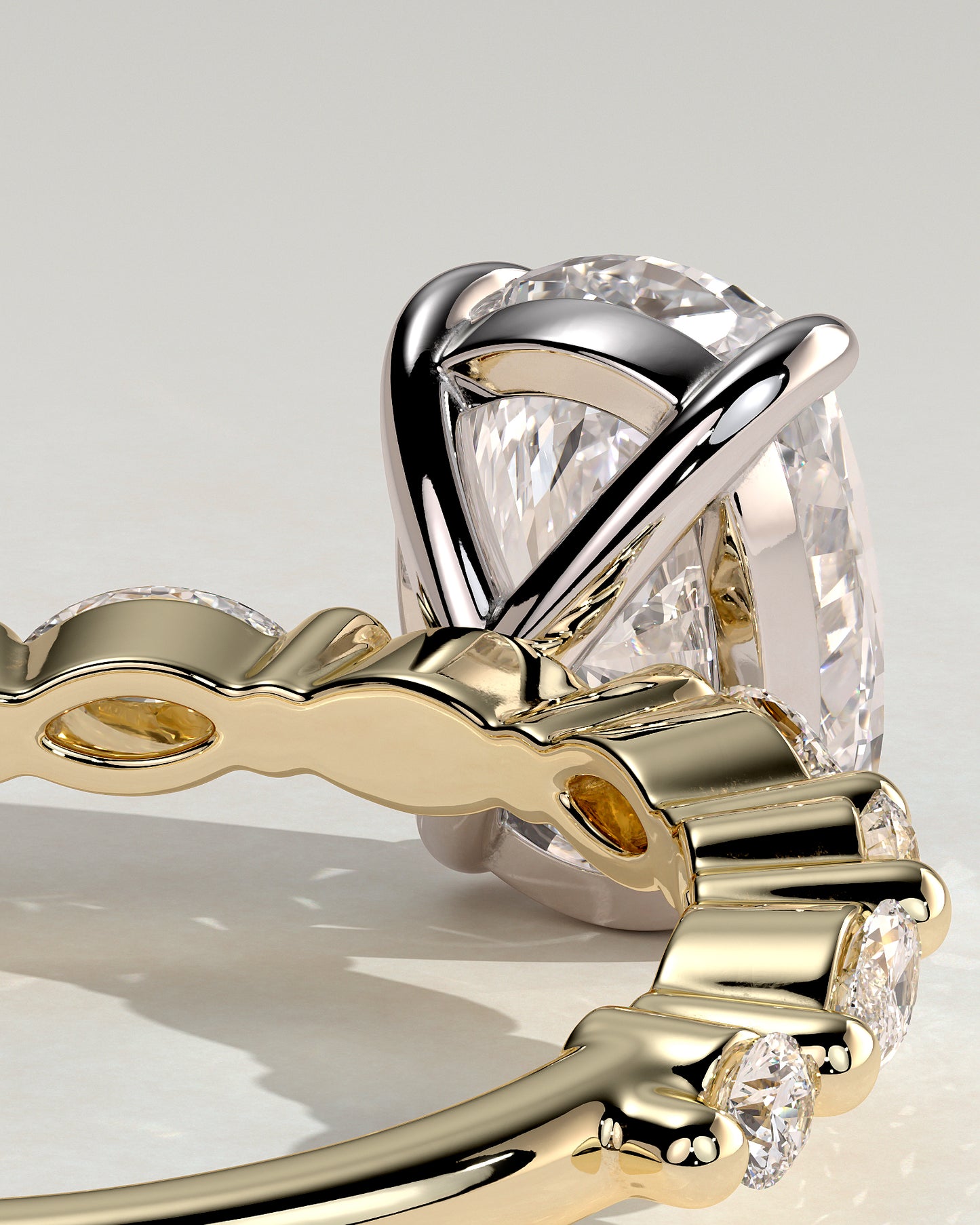 Delphine - Elongated Cushion Claw Solitaire with Marquise and Round Accent Stones Engagement Ring - Yellow Two-Tone - Yellow Two-Tone 2ct