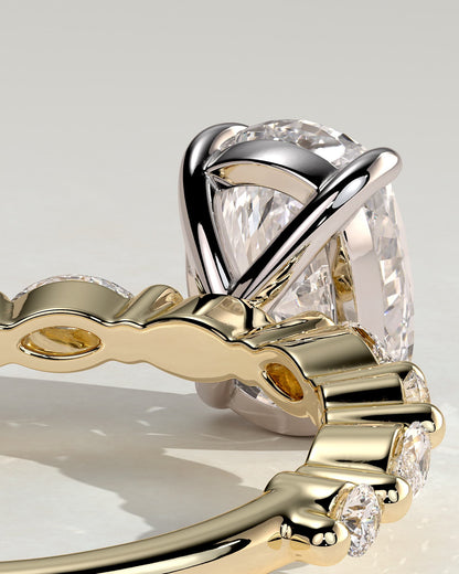 Delphine - Elongated Cushion Claw Solitaire with Marquise and Round Accent Stones Engagement Ring - Yellow Two-Tone