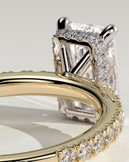 Ellie - Radiant Claw Solitaire with Wrap Around Hidden Halo and Pave Band Engagement Ring - Yellow Two-Tone