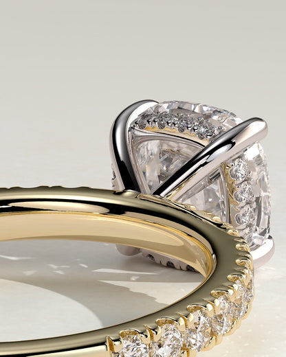 Claudia - Cushion Claw Solitaire with Hidden Halo and Pave Band Engagement Ring - Yellow Two-Tone