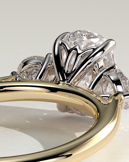 Charmaine - Elongated Cushion Claw Trilogy with Round Side Stones and Lily Detail Engagement Ring - Yellow Two-Tone