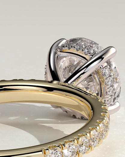 Charlie - Round Claw Solitaire with Hidden Halo and Pave Band Engagement Ring - Yellow Two-Tone