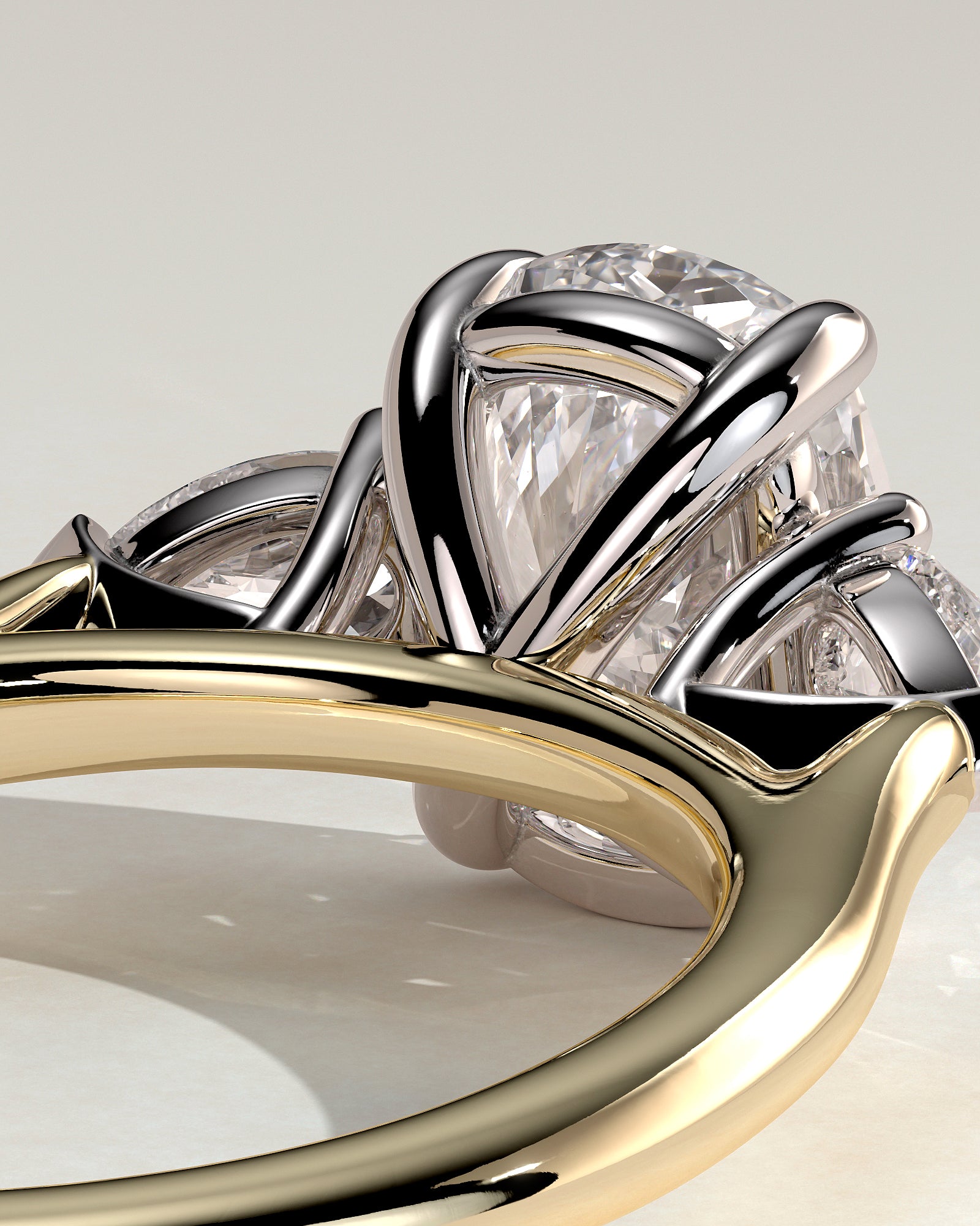 Cataleya - Elongated Cushion Claw Trilogy with Pear Side Stones and Cathedral Setting Engagement Ring - Yellow Two-Tone - Yellow Two-Tone 2ct