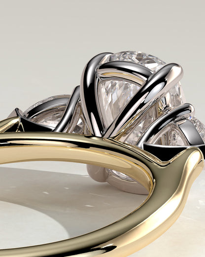 Cataleya - Elongated Cushion Claw Trilogy with Pear Side Stones and Cathedral Setting Engagement Ring - Yellow Two-Tone