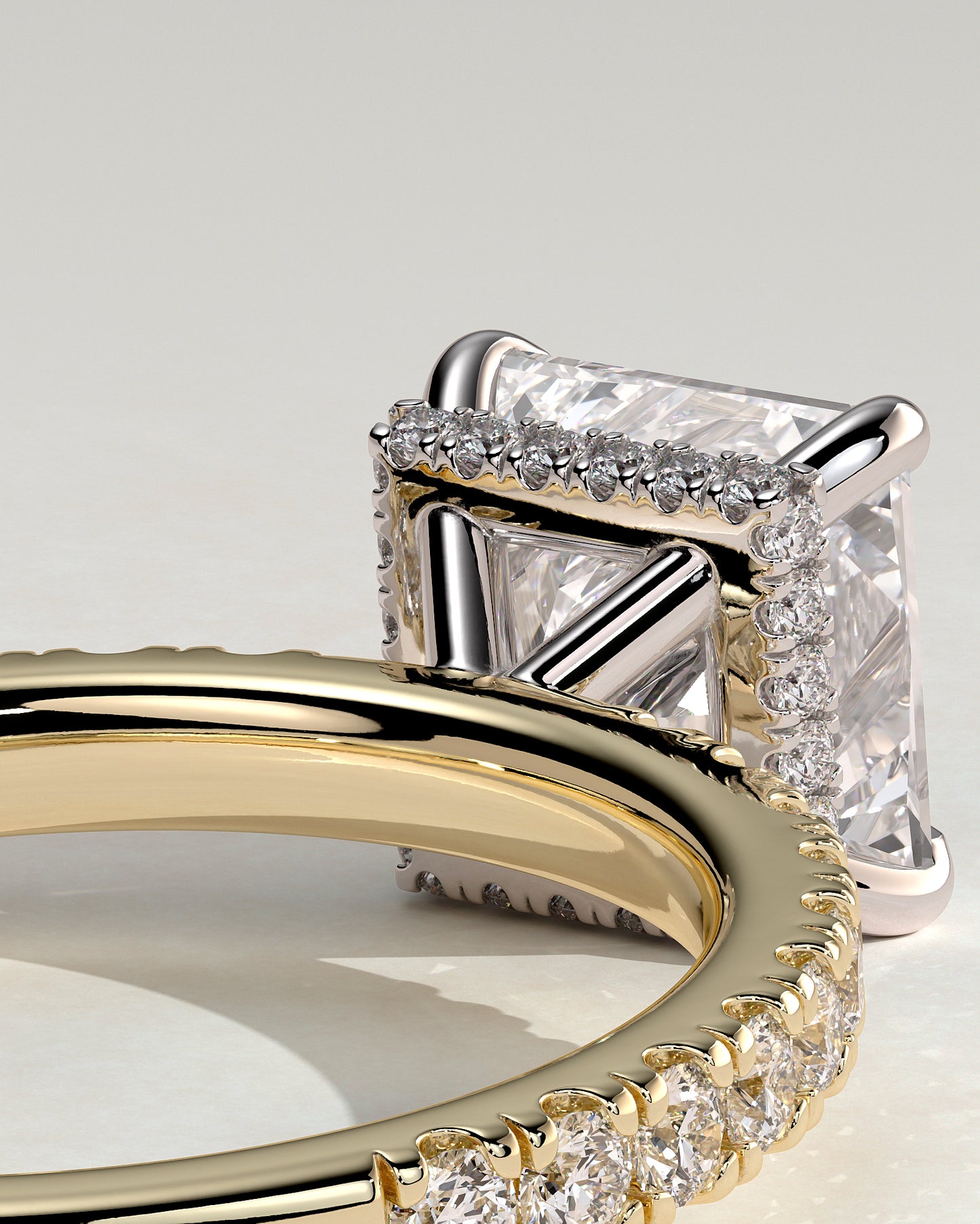 Brooklyn - Princess Claw Solitaire with Wrap Around Hidden Halo and Pave Band Engagement Ring - Yellow Two-Tone - Yellow Two-Tone 2ct
