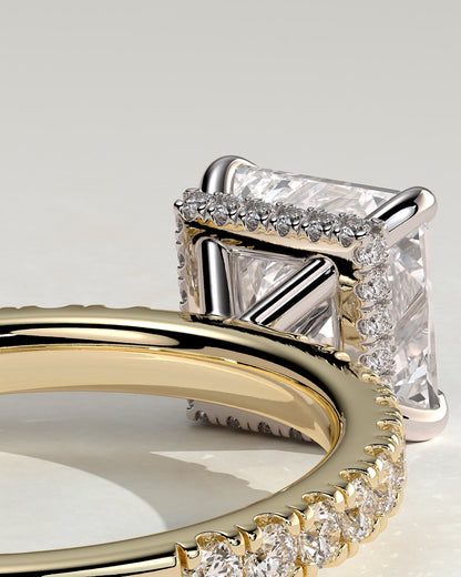 Brooklyn - Princess Claw Solitaire with Wrap Around Hidden Halo and Pave Band Engagement Ring - Yellow Two-Tone