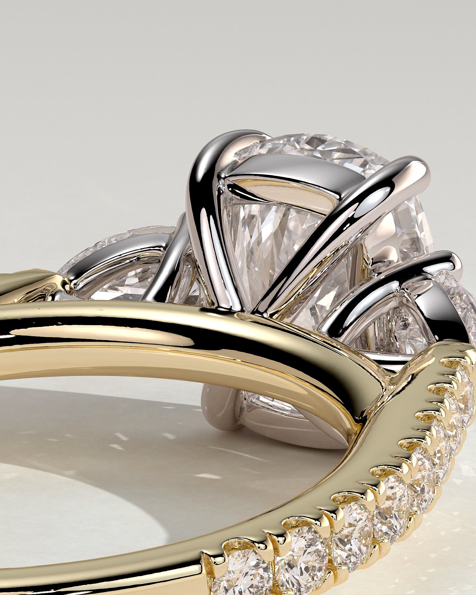 Bree - Elongated Cushion Claw Trilogy with Pear Side Stones and Pave Band Engagement Ring - Yellow Two-Tone - Yellow Two-Tone 2ct