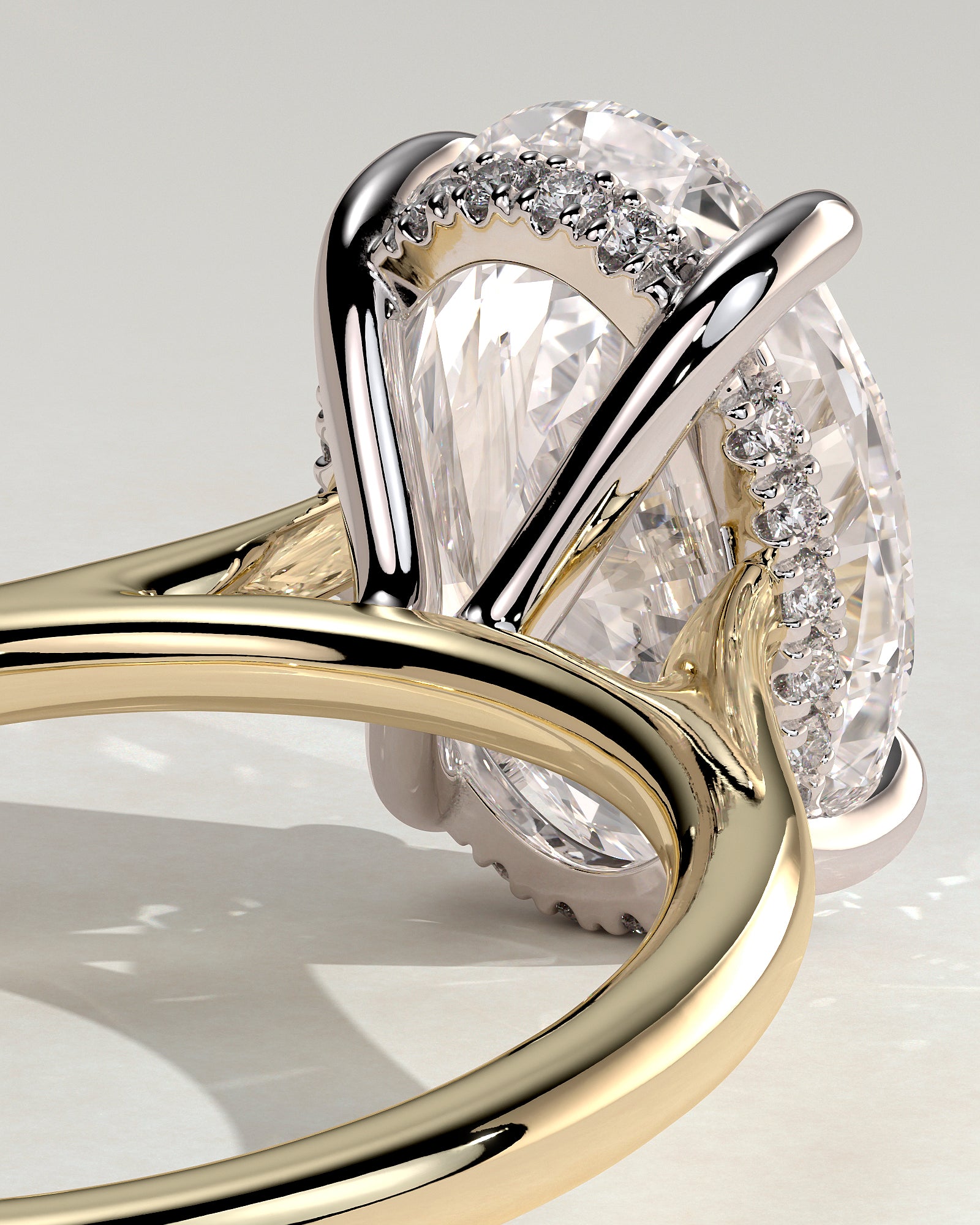 Bethany - Oval Claw Solitaire with Hidden Halo, Tapered Band and Cathedral High Setting Engagement Ring - Yellow Two-Tone - Yellow Two-Tone 2ct