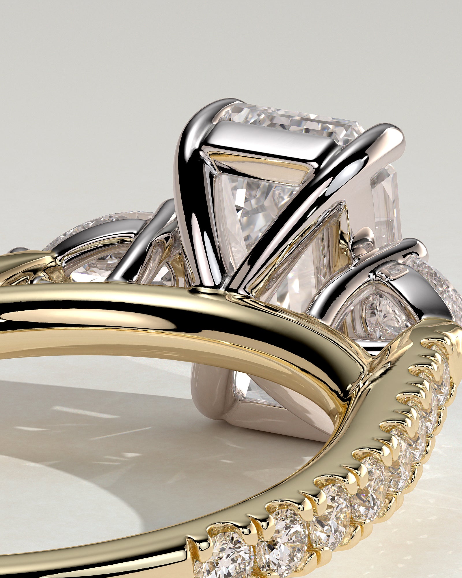 Autumn - Emerald Claw Trilogy with Pear Side Stones and Pave Band Engagement Ring - Yellow Two-Tone - Yellow Two-Tone 2ct