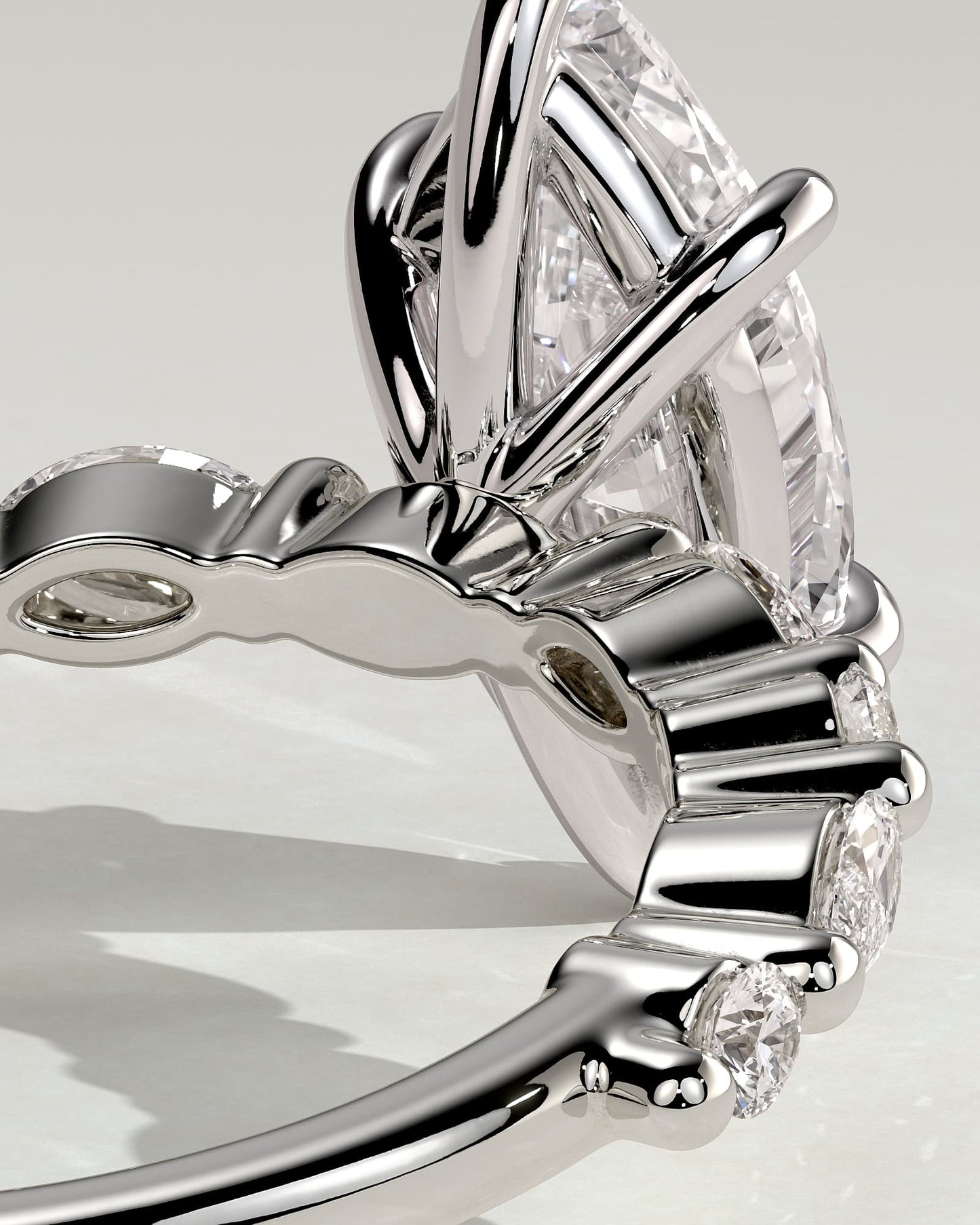 Beatrice - Marquise Claw Solitaire with Marquise and Round Accent Stones Engagement Ring - White Gold