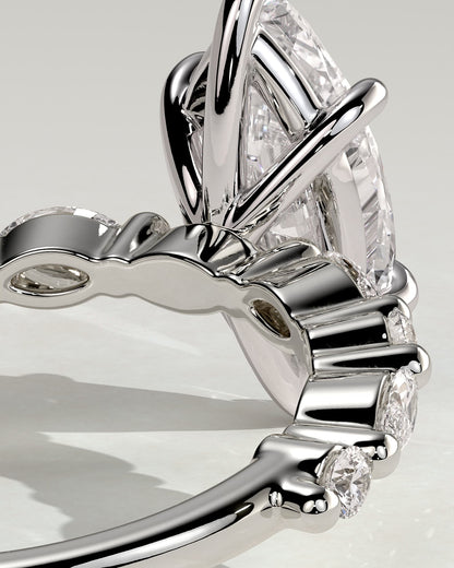Beatrice - Marquise Claw Solitaire with Marquise and Round Accent Stones Engagement Ring - White Gold