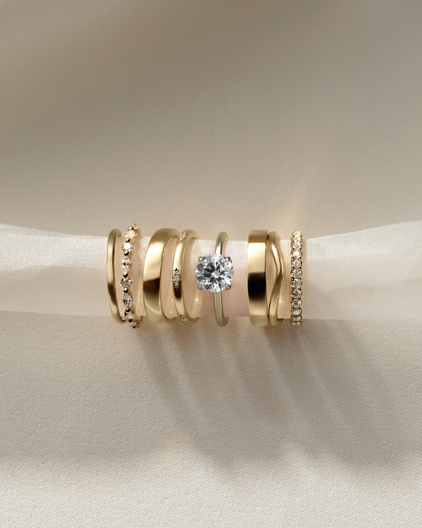Brianna - Round Claw Solitaire with Petal Gallery, Accent Leaf Detail and Cathedral Setting Engagement Ring - Yellow Two-Tone