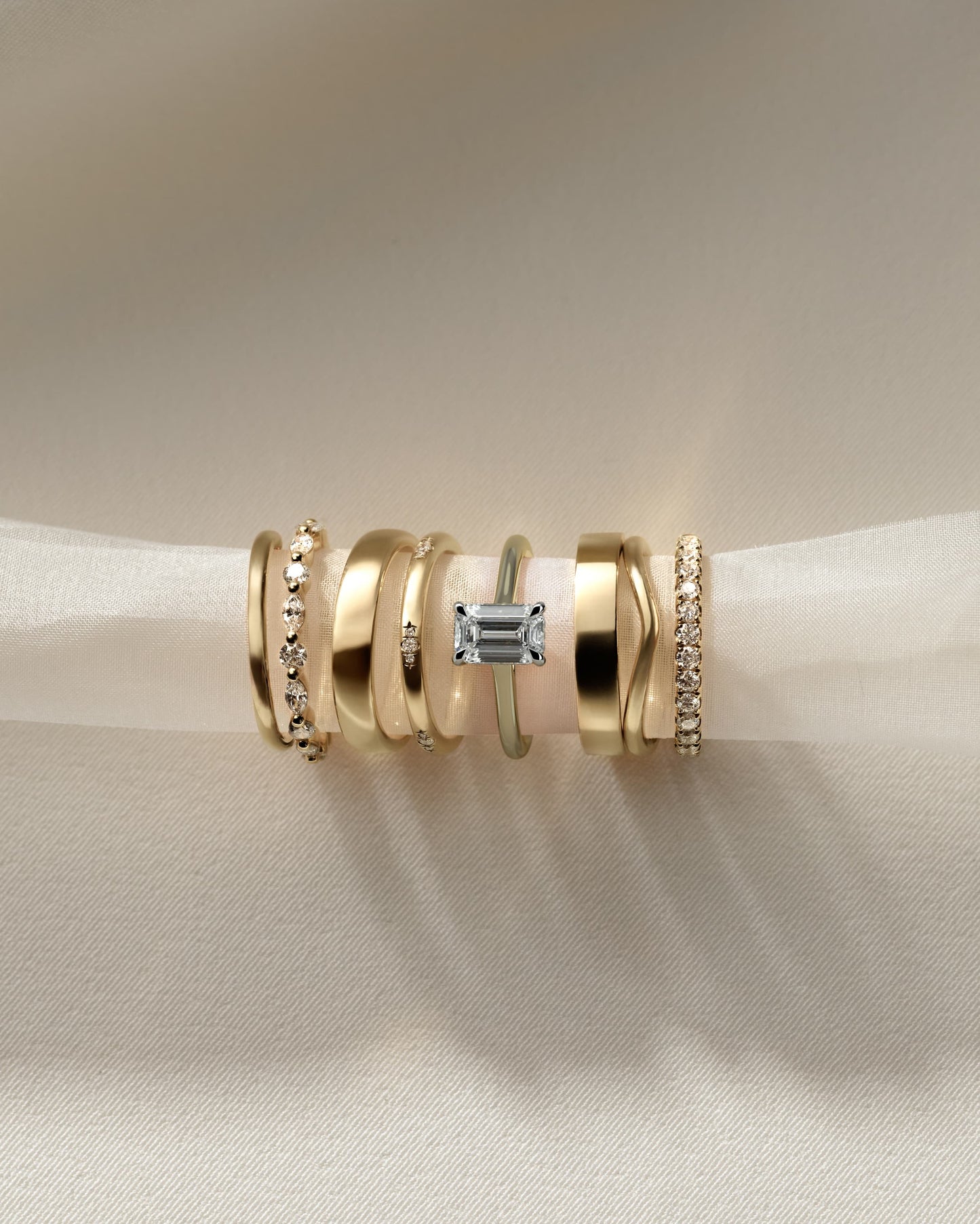 Jane - Emerald Claw Solitaire with Hidden Halo and Cathedral High Setting Engagement Ring - Yellow Two-Tone