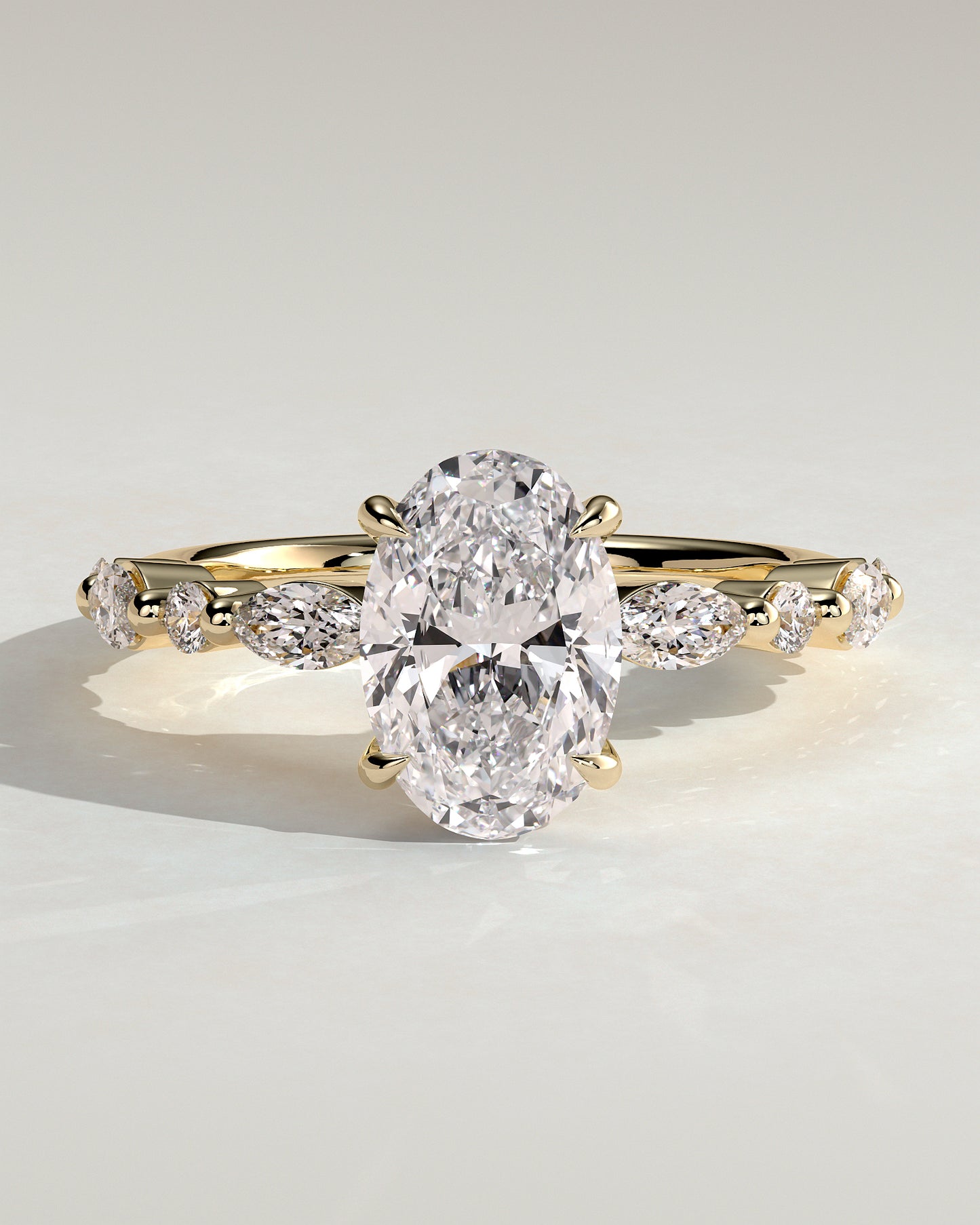 Alyssa - Oval Claw Solitaire with Marquise and Round Accent Stones Engagement Ring - Yellow Gold - Yellow Gold 2ct