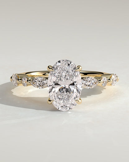 Alyssa - Oval Claw Solitaire with Marquise and Round Accent Stones Engagement Ring - Yellow Gold - yellow gold - Lara Jewels